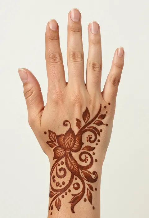 Arabic back hand mehndi with a bold shaded flower, spiral curls and dotted leaves trailing from the wrist