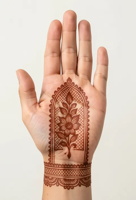 Front hand mehndi for girls with an arched mesh palm panel, central leafy flower and lacy scalloped wrist cuff