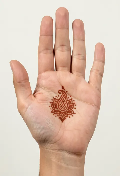 Minimal front hand mehndi with one small lotus paisley medallion and tiny dots centred on a bare palm