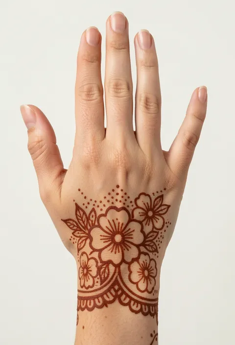 Back hand mehndi for girls with bold outlined flowers, dotted accents, veined leaves and a scalloped wrist band