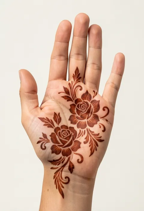 Arabic front hand mehndi with two bold shaded roses, swirls and feathered leaf sprays flowing across the palm
