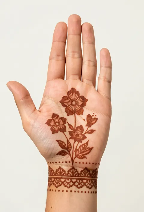 Front hand mehndi with stemmed five-petal flowers and leafy sprigs above a dotted lace wrist band