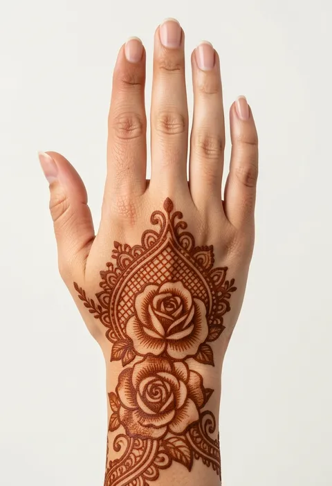 Bridal back hand mehndi with shaded roses, fine mesh panel and paisley border flowing to the wrist