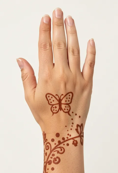 Kids back hand mehndi with a dotted outline butterfly and a curling vine of dots and flowers at the wrist