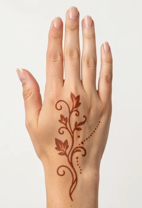 Minimal back hand mehndi with one slender swirl vine of curled leaves and a dotted trail from the wrist