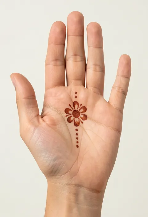 Minimal front hand mehndi with one small petal flower centred on the palm and a line of graduated dots
