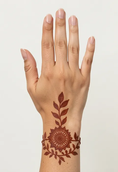 Back hand mehndi for girls with a leafy vine wrist bracelet, sun mandala medallion and rising leaf sprig