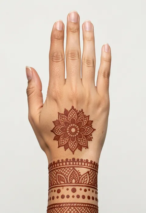 Back hand mehndi for girls with a round mesh-filled floral mandala and a layered dotted lace wrist band