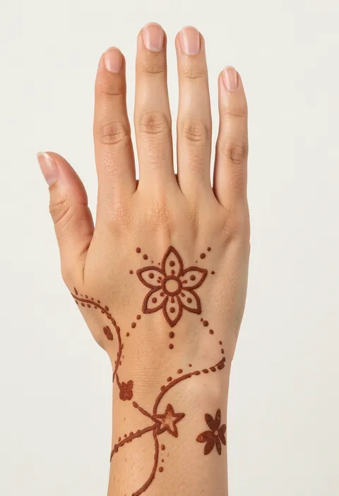 Kids back hand mehndi with one outlined five-petal flower, dotted accents and a vine of stars around the wrist