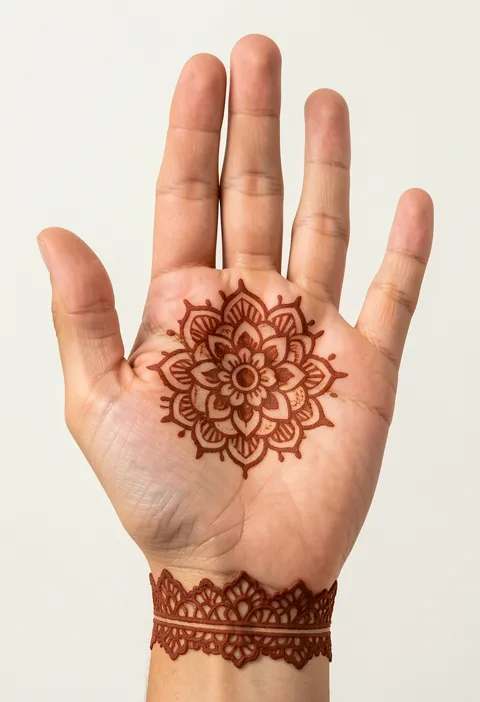 Front hand mehndi for girls with a layered petal mandala on the palm and a lace scalloped wrist cuff