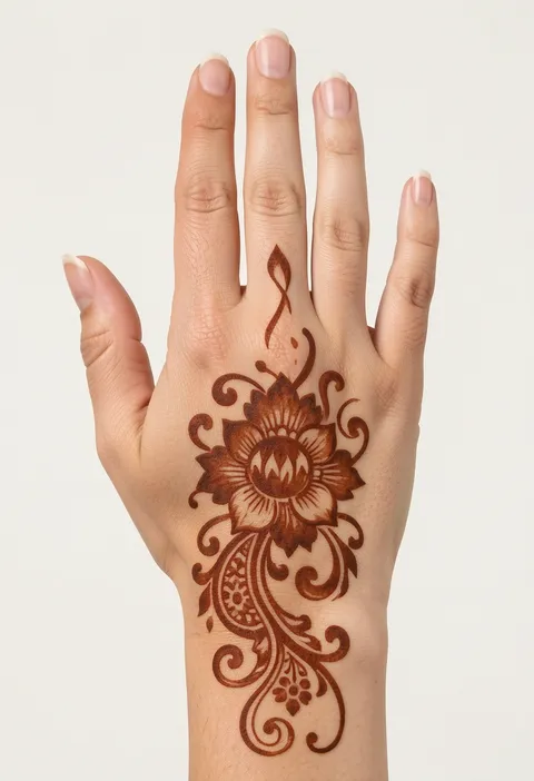 Arabic back hand mehndi with a bold shaded lotus flower, swirling paisley tendrils and a vine down to the wrist
