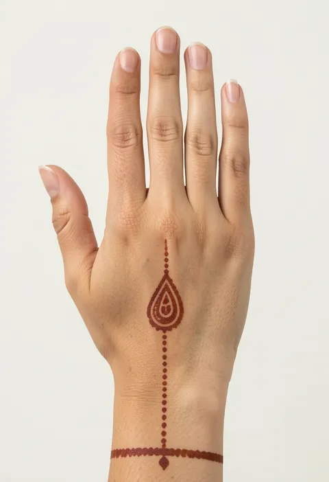 Minimal back hand mehndi with one small teardrop paisley pendant on a fine dotted line and a thin wrist band