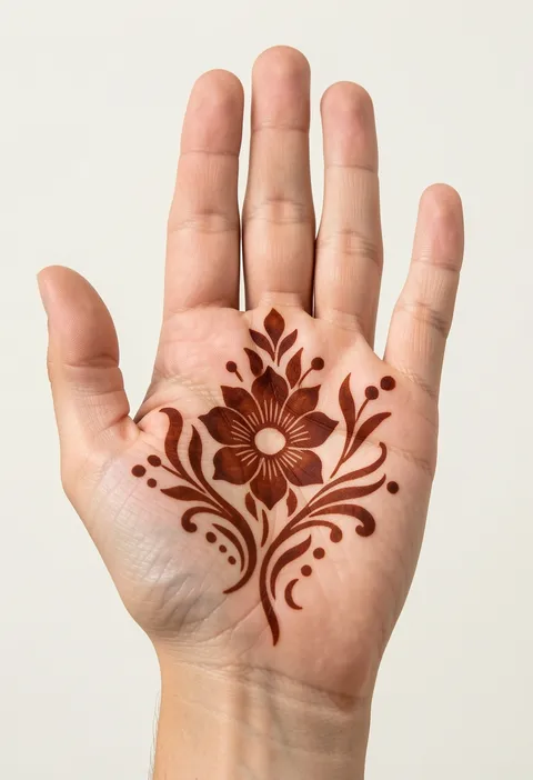 Arabic front hand mehndi with one large shaded flower, sweeping leaf sprays and dot accents on the palm