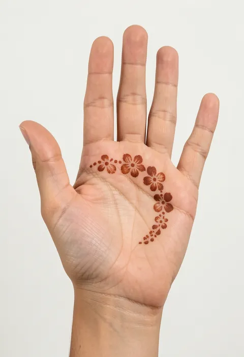 Minimal front hand mehndi with a curved arc of small five-petal flowers and dots across the upper palm