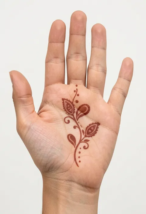 Minimal front hand mehndi with a slim curling vine, two paisley petals and a dotted trail on the palm