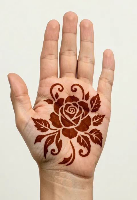 Arabic front hand mehndi with a bold filled rose, veined leaves and curling tendrils across the palm