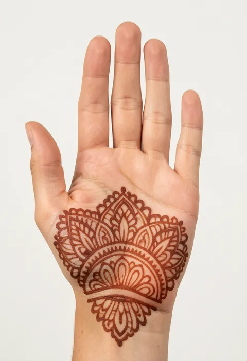 Front hand mehndi for girls with a lace half mandala fan of scalloped petals across the lower palm