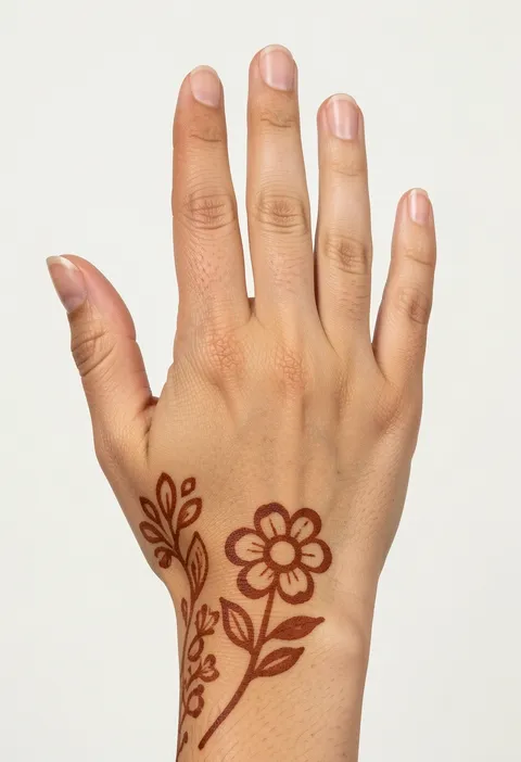 Minimal back hand mehndi with a simple open flower on a leafy stem and a slim leaf sprig near the wrist