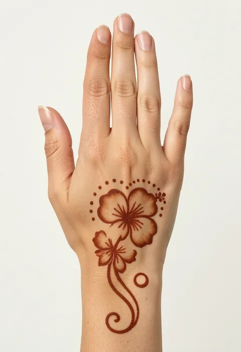 Back hand mehndi for girls with two shaded hibiscus flowers, a dotted arc and a curling swirl to the wrist