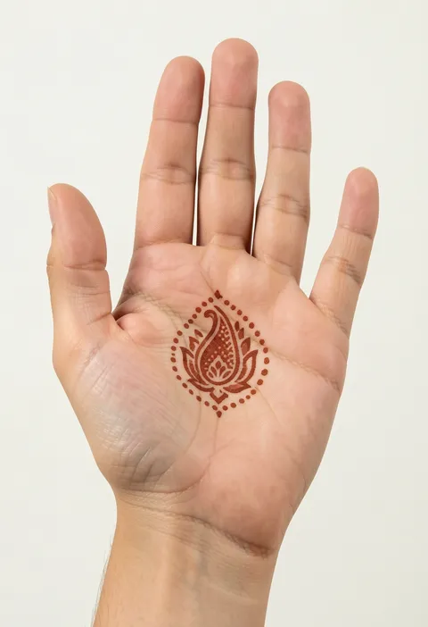 Minimal front hand mehndi with a small lotus paisley medallion framed by a fine dotted border on the palm