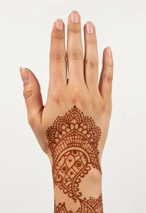 Back hand mehndi for girls with a lace web fan, dotted scallop edging and a paisley trail down the wrist