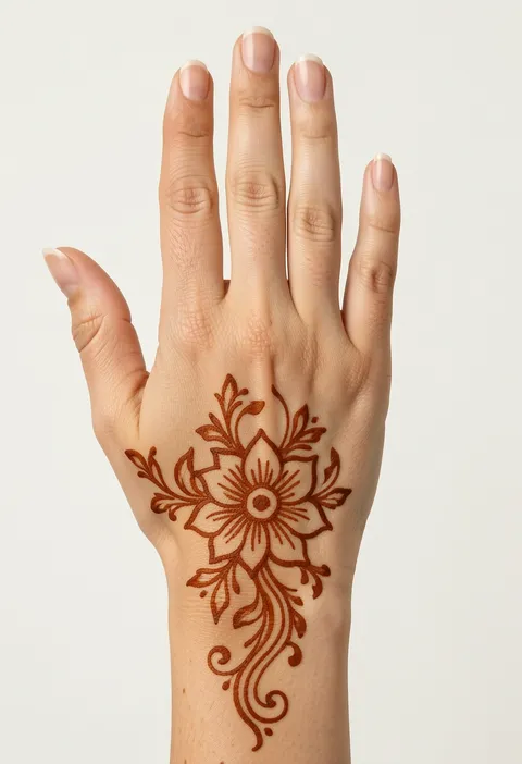 Arabic back hand mehndi with a pointed-petal flower, leafy sprigs and a curling swirl trail onto the wrist
