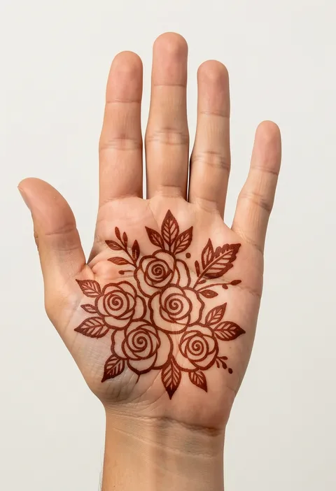 Arabic front hand mehndi with a cluster of five spiral roses and veined leaves filling the centre of the palm