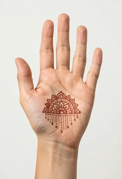 Minimal front hand mehndi with a small lace half-mandala fan and a dotted drop fringe in the middle of the palm