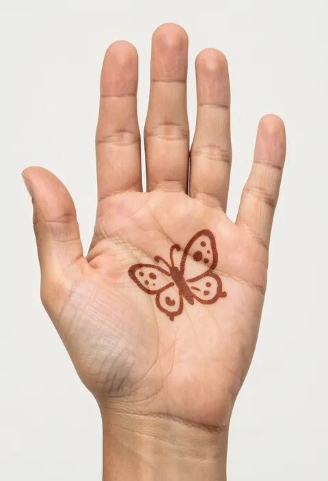 Front hand mehndi for kids with a small outlined butterfly and dotted wing spots centred on the palm