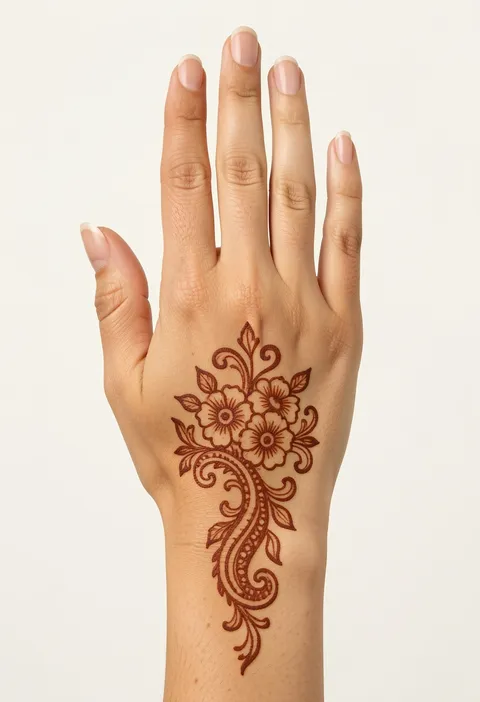 Arabic back hand mehndi with an outlined three-flower bunch, leaves and a paisley trail down to the wrist