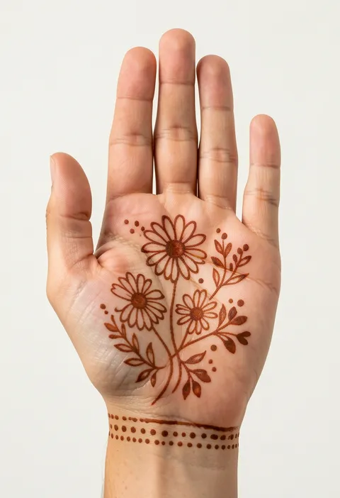 Front hand mehndi for girls with outlined daisies, leafy sprigs, dot flowers and a dotted wrist band
