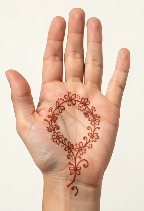 Minimal front hand mehndi with a delicate loop of tiny dot flowers and swirls across the palm centre