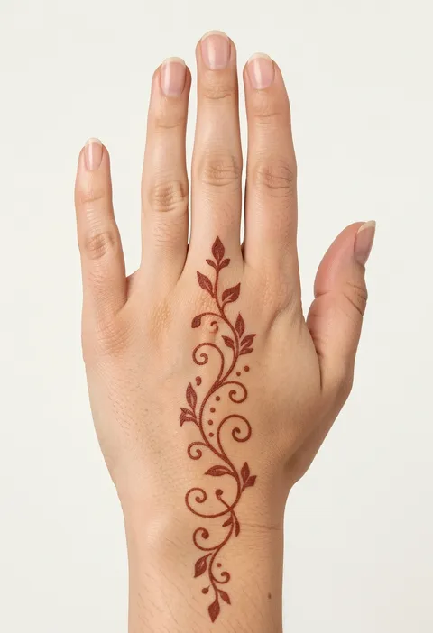 Minimal back hand mehndi with a slim swirl vine, curled leaves and dot trail running to the wrist