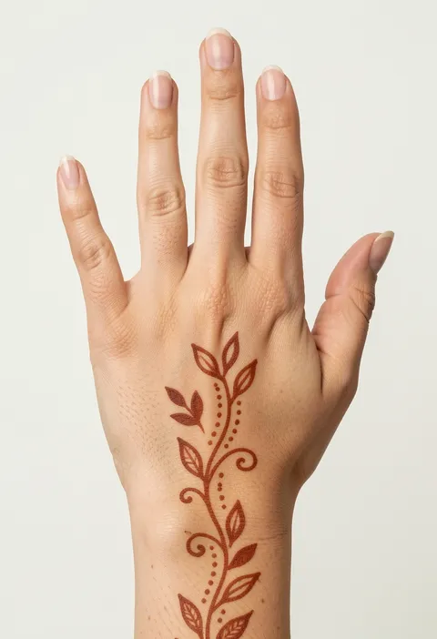 Minimal back hand mehndi with a slim leaf vine and dotted swirls running from the hand back to the wrist