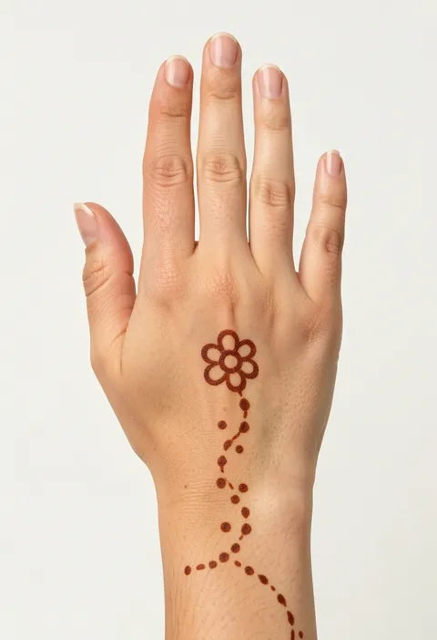 Kids back hand mehndi with one small outlined flower and a playful trail of dots curving to the wrist
