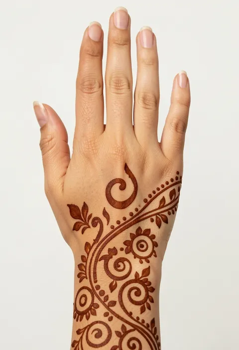 Arabic back hand mehndi with flowing spirals, sun flowers, leaves and dot lines sweeping down to the wrist