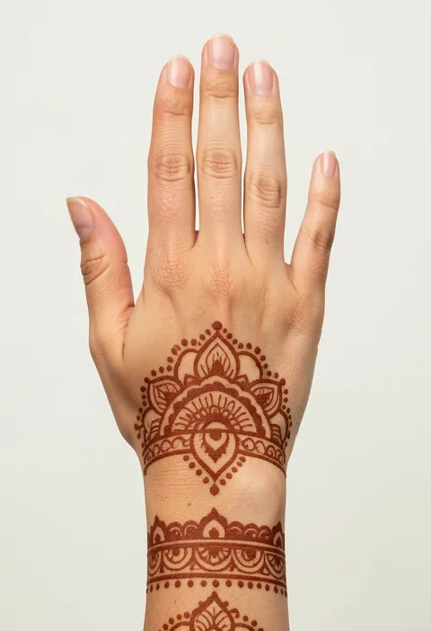 Back hand mehndi for girls with a half mandala, scalloped dotted edge and a layered band around the wrist