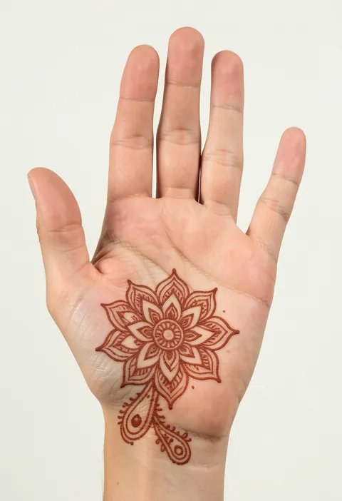 Minimal front hand mehndi with one outlined mandala flower on the lower palm and a curling paisley tail