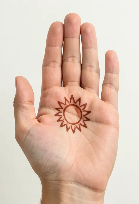 Simple kids front hand mehndi with one outlined sun circle and pointed petals in the centre of the palm