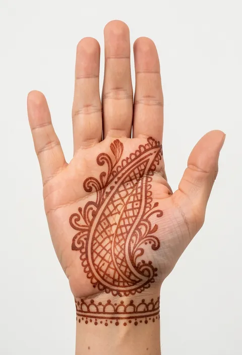 Front hand mehndi for girls with a large outlined paisley, fine lattice fill and a dotted wrist band