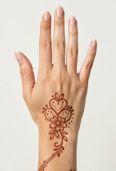 Minimal back hand mehndi with an outlined heart and flower cluster and a thin vine trailing to the wrist