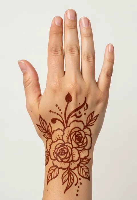 Arabic back hand mehndi with outlined roses, fine-line leaves and dot trails from wrist to hand back