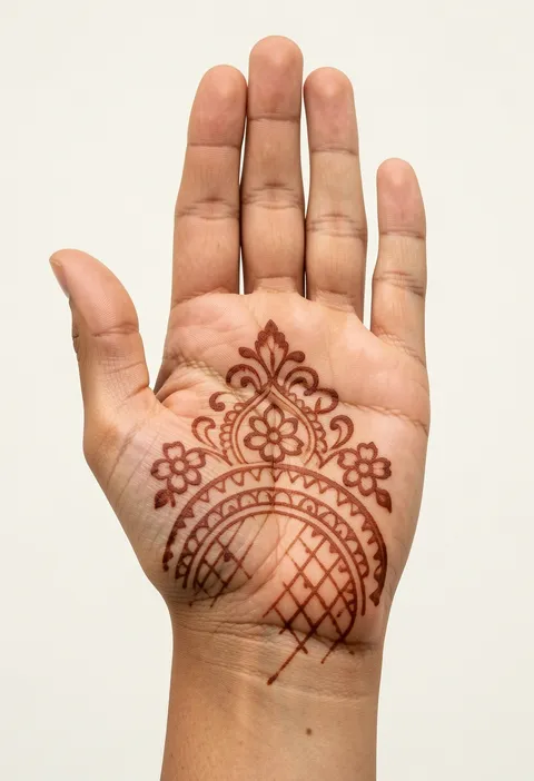 Front hand mehndi for girls with floral crest, scalloped arch bands and lattice panel on the lower palm