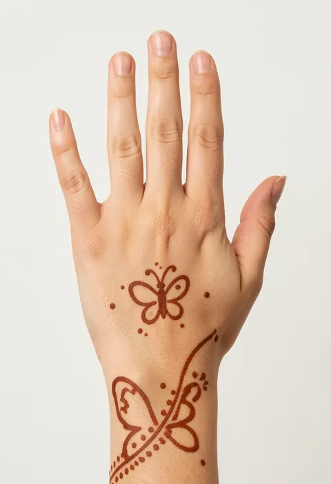 Kids back hand mehndi with a small outlined butterfly, dots and a butterfly vine around the wrist