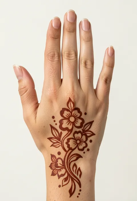 Arabic back hand mehndi with a trailing three-flower vine, fine leaves and dot accents from wrist to hand