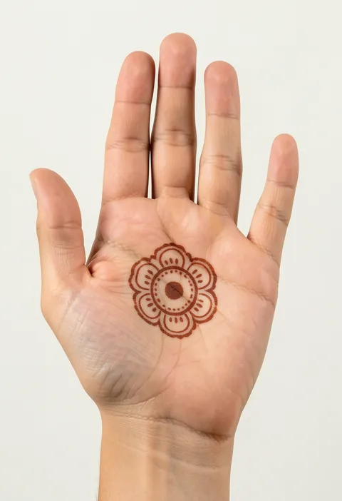 Minimal front hand mehndi with one round outlined flower medallion and dotted inner ring in the palm centre