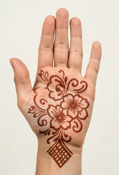 Arabic front hand mehndi with outlined blossoms, curling swirls and a diamond lattice block at the wrist