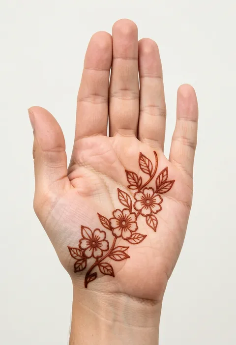 Front hand mehndi for girls with a diagonal fine-line vine of three outlined flowers and leaves across the palm