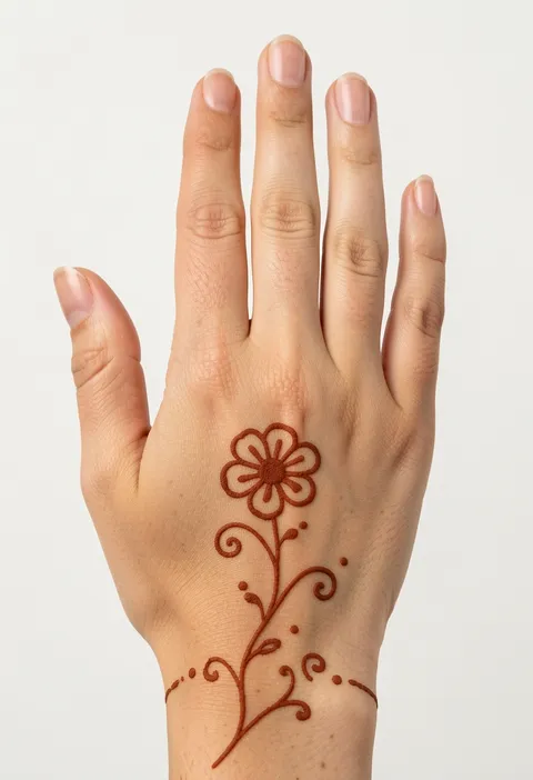 Back hand mehndi for kids with one outlined round flower, curling fine-line stem, dots and a dotted wrist line