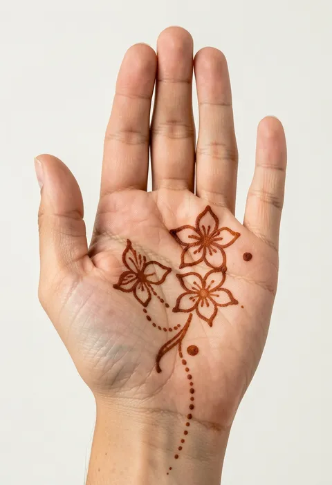Front hand mehndi for girls with three outlined six-petal flowers, a fine swirl and beaded dot lines on the palm